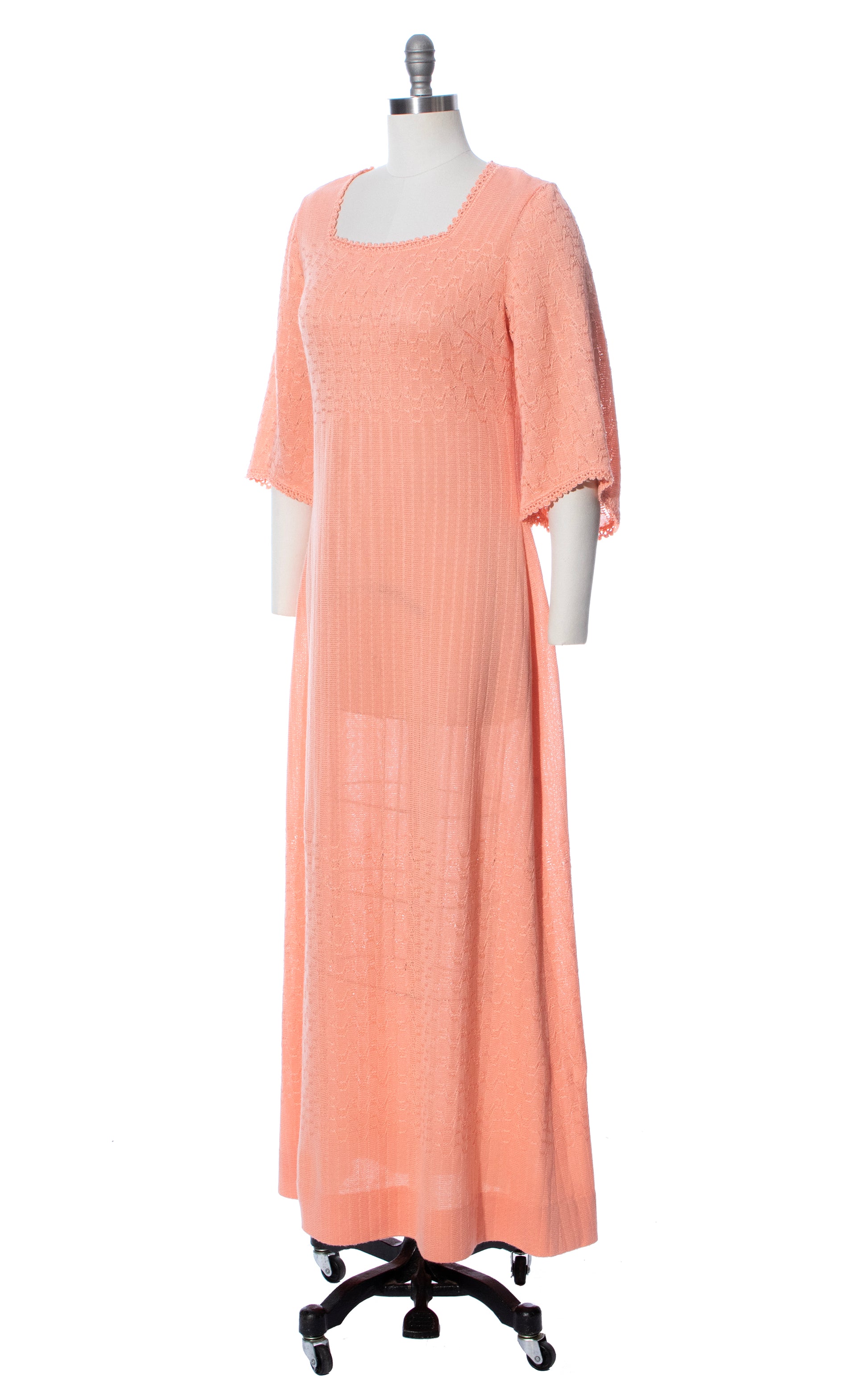 Vintage 70s 1970s Peach Knit Maxi Dress Birthday Life Vintage