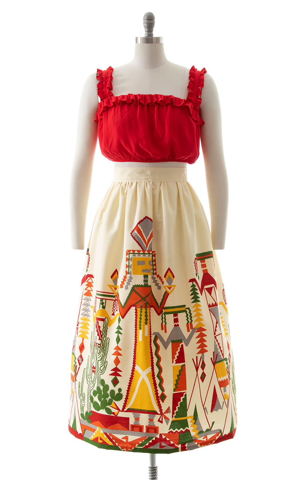 1970s Kachina Doll Native American Novelty Border Print Skirt BirthdayLifeVintage