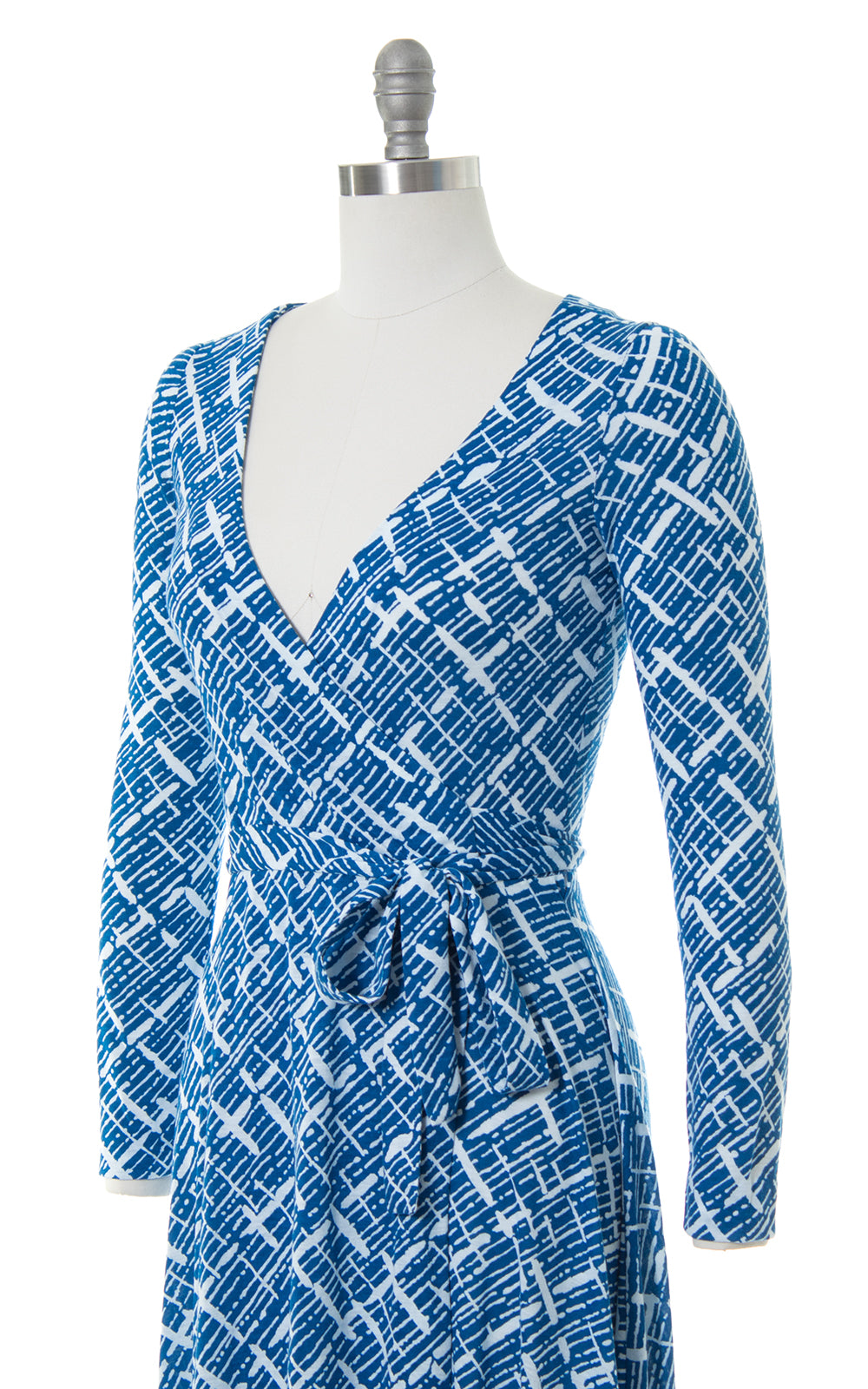 1970s Geometric Jersey Knit Maxi Wrap Dress