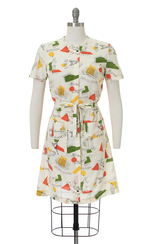 Vintage 1960s City World Travel Novelty Print Belted Dress by Birthday Life Vintage