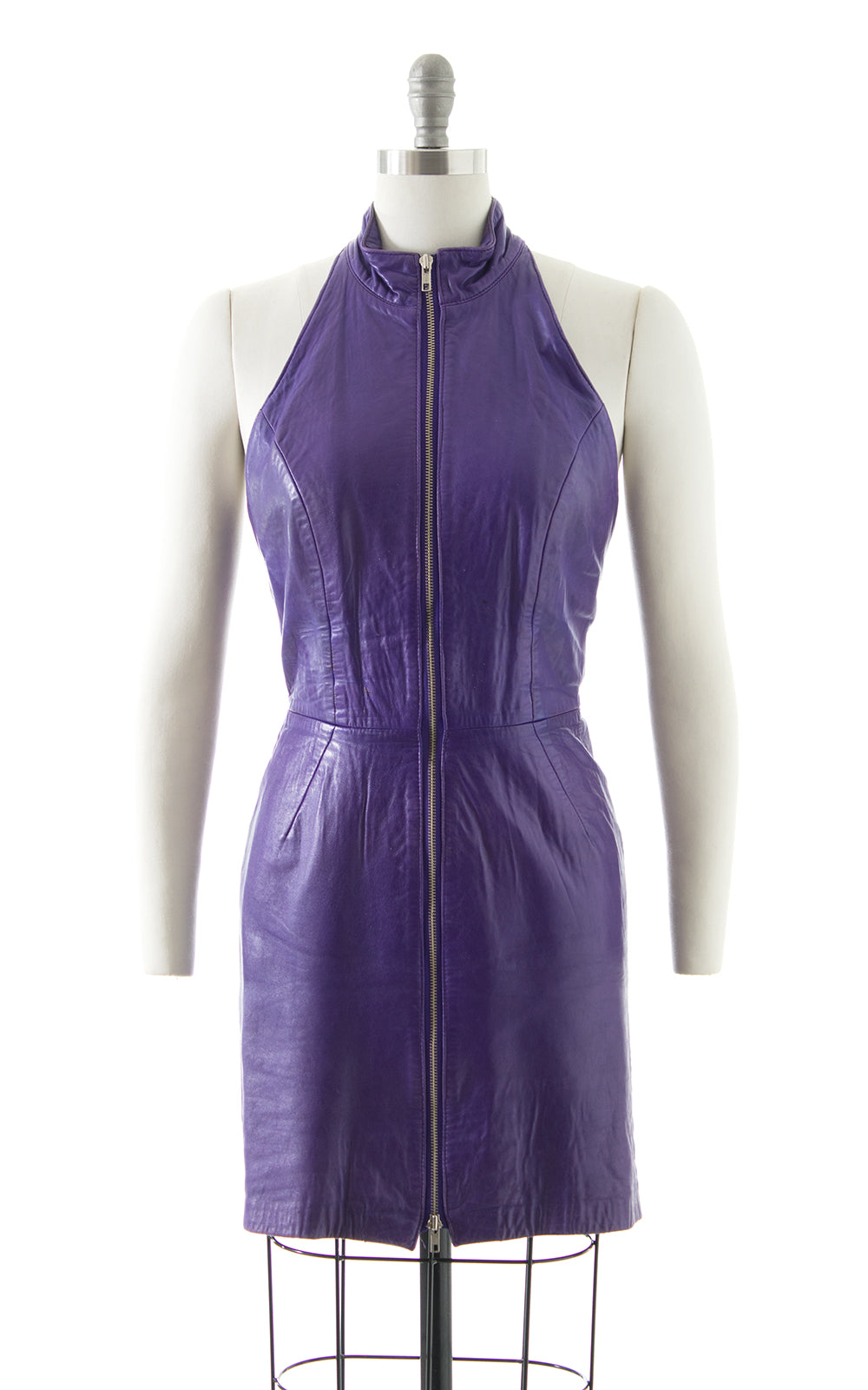 1980s North Beach Leather Purple Zip Front Open Back Dress BirthdayLifeVintage