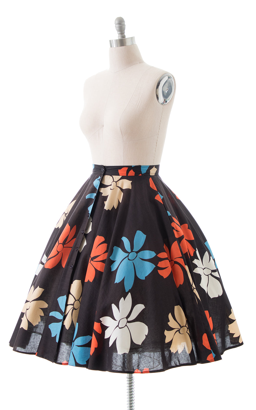 1980s does 1950s Black Floral Circle Skirt