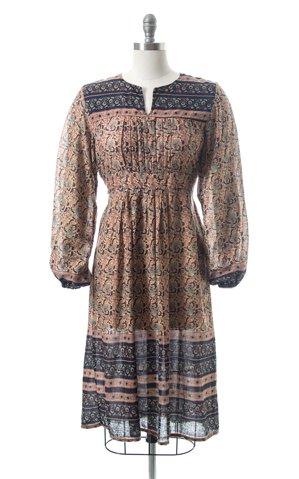 1970s Kaiser Floral Paisley Cotton Bishop Sleeve Dress