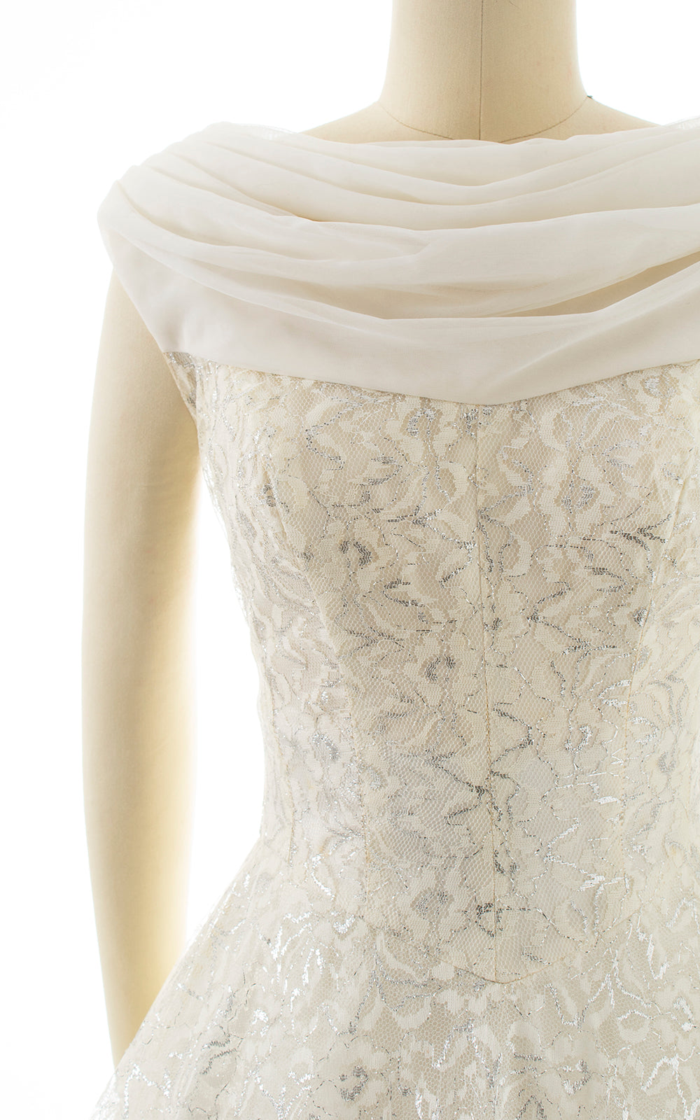1950s White Silver Lace Chiffon Waterfall Dress | small