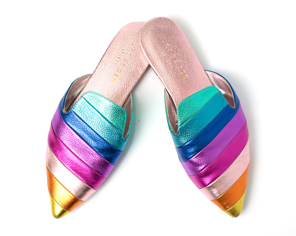 KURT GEIGER Metallic Rainbow Leather Flats Slides Mules | size US 10 | Birthday Life Vintage