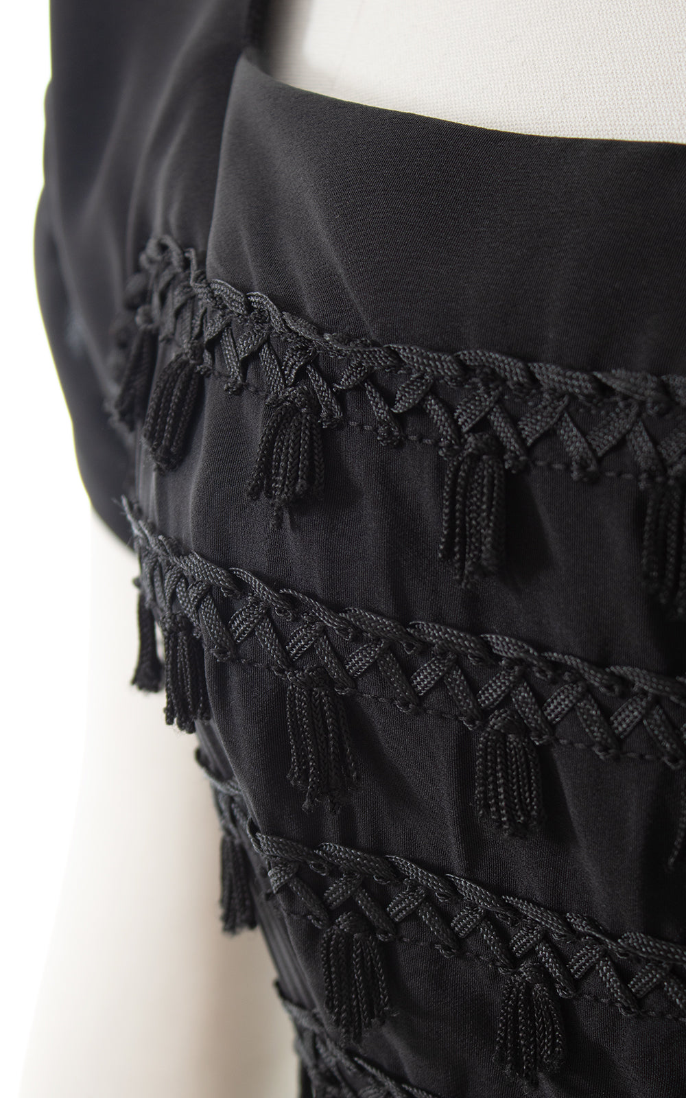 1940s 1950s Black Rayon Tassels Party Dress | small/medium