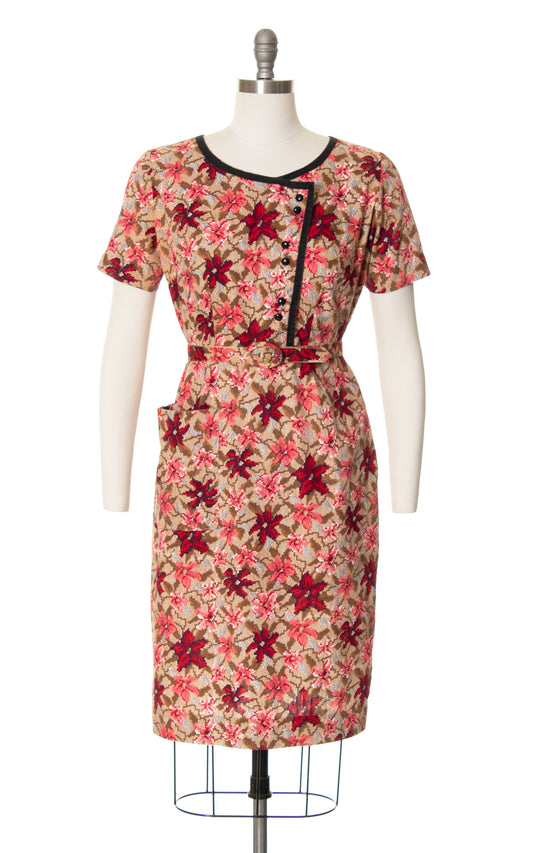 1950s Floral Cross Stitch Cotton Shirtwaist Dress | medium