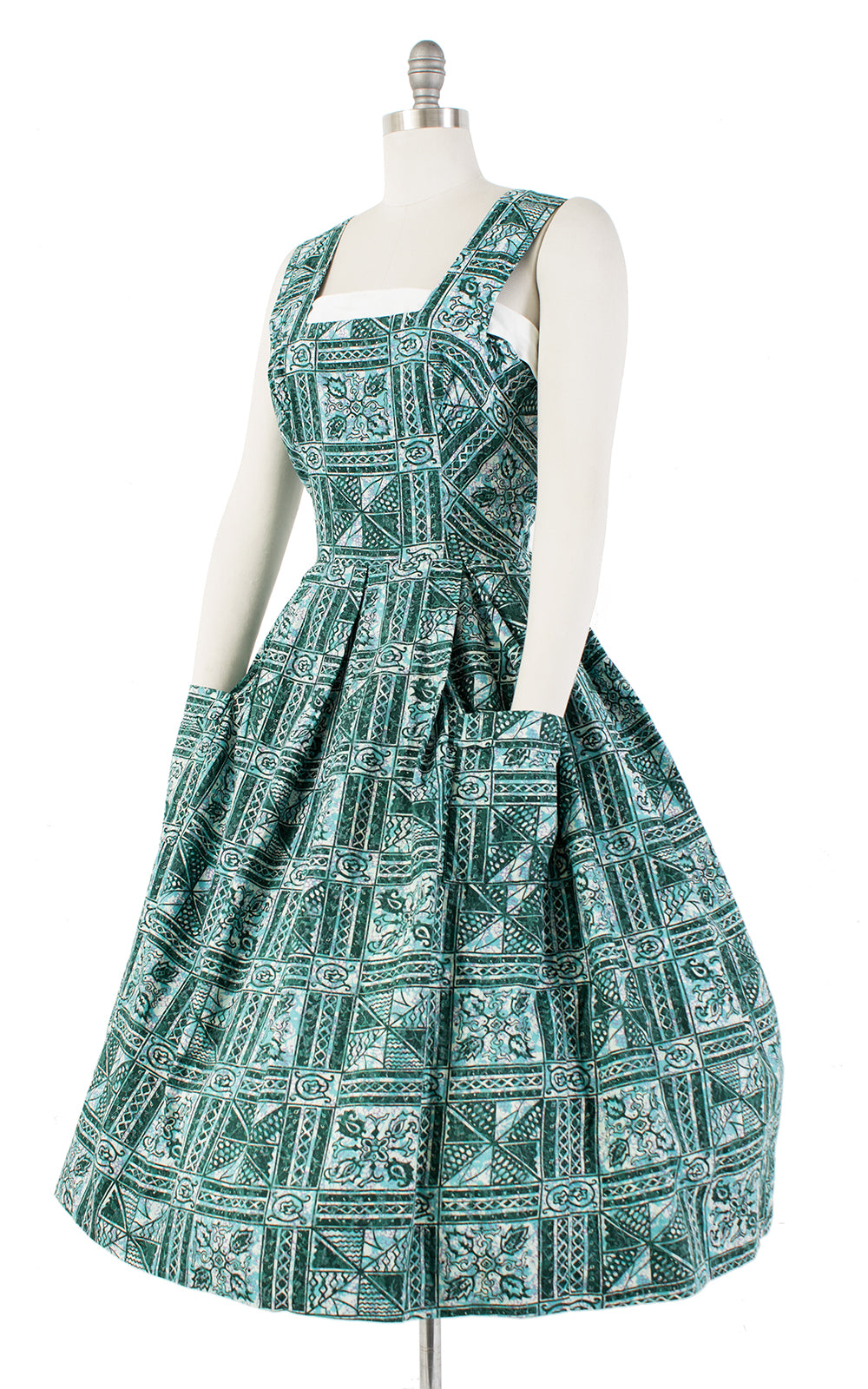 1950s Batik Floral Green Cotton Sundress with Big Pockets | medium