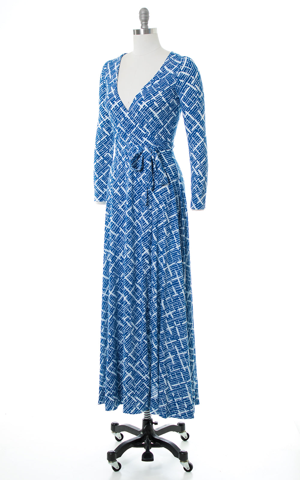 1970s Geometric Jersey Knit Maxi Wrap Dress