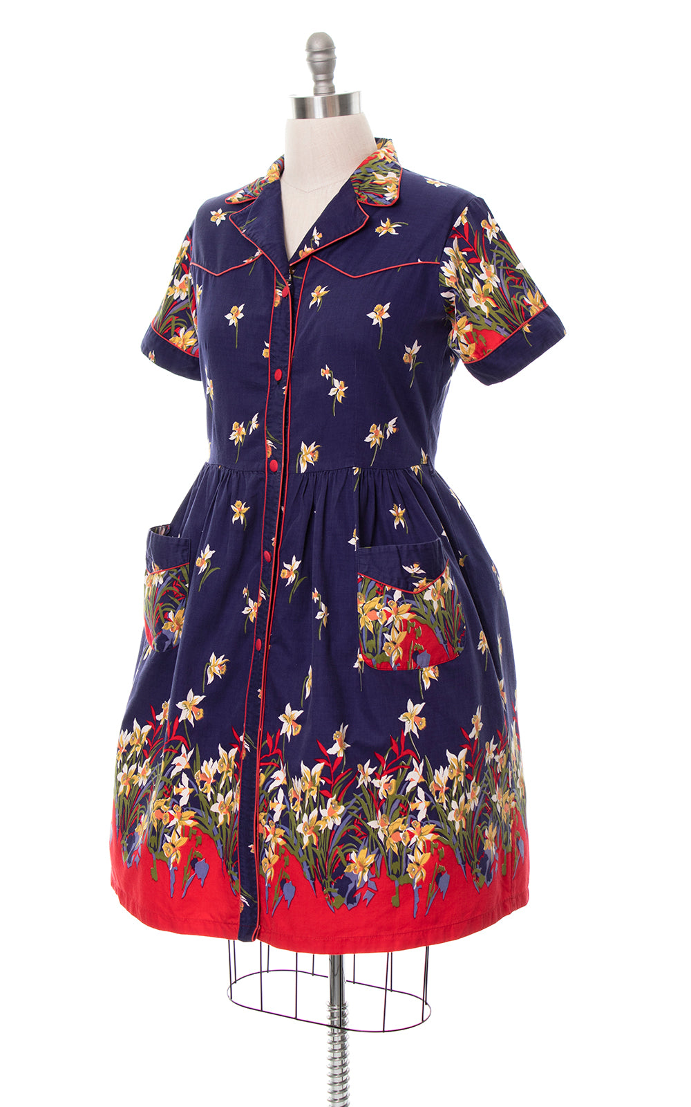 1970s Floral Border Print Shirtwaist Dress with Pockets | x-large