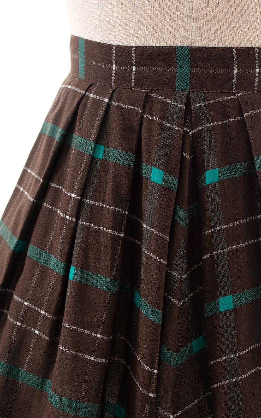1950s Brown Plaid Pleated Midi Skirt | large | BirthdayLifeVintage
