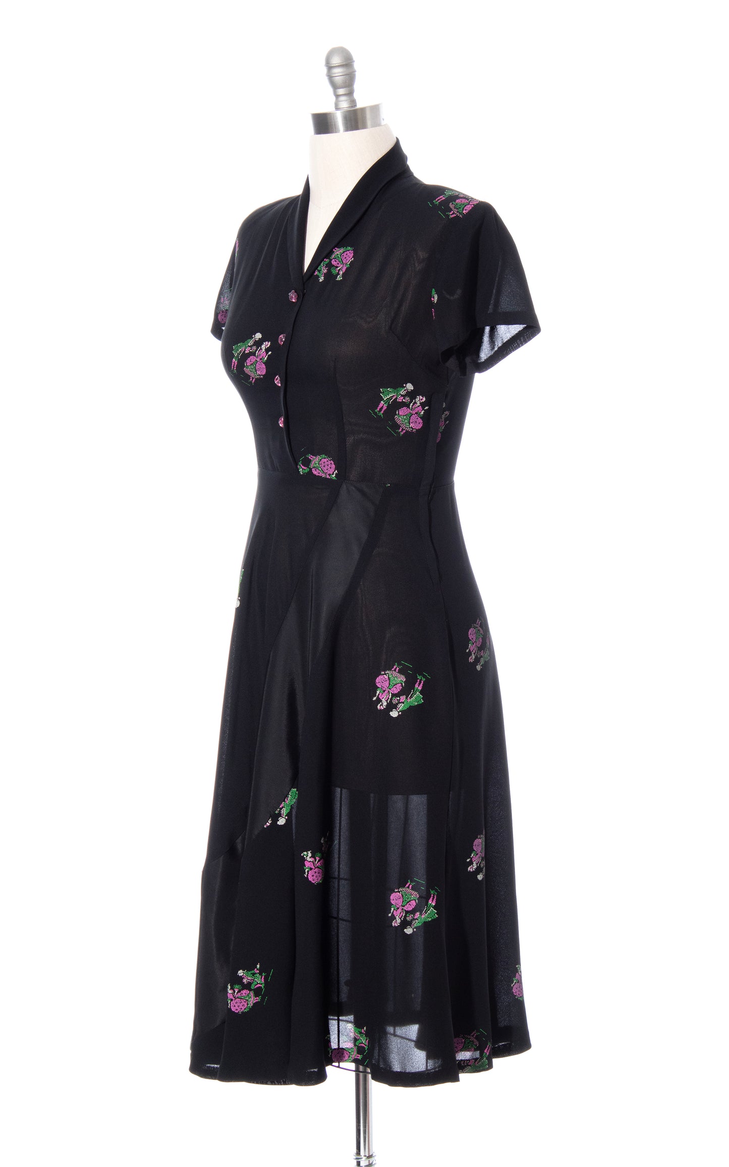 Vintage 40s 1940s Wedding Proposal Novelty Print Black Rayon Shirtwaist Dress BirthdayLifeVintage