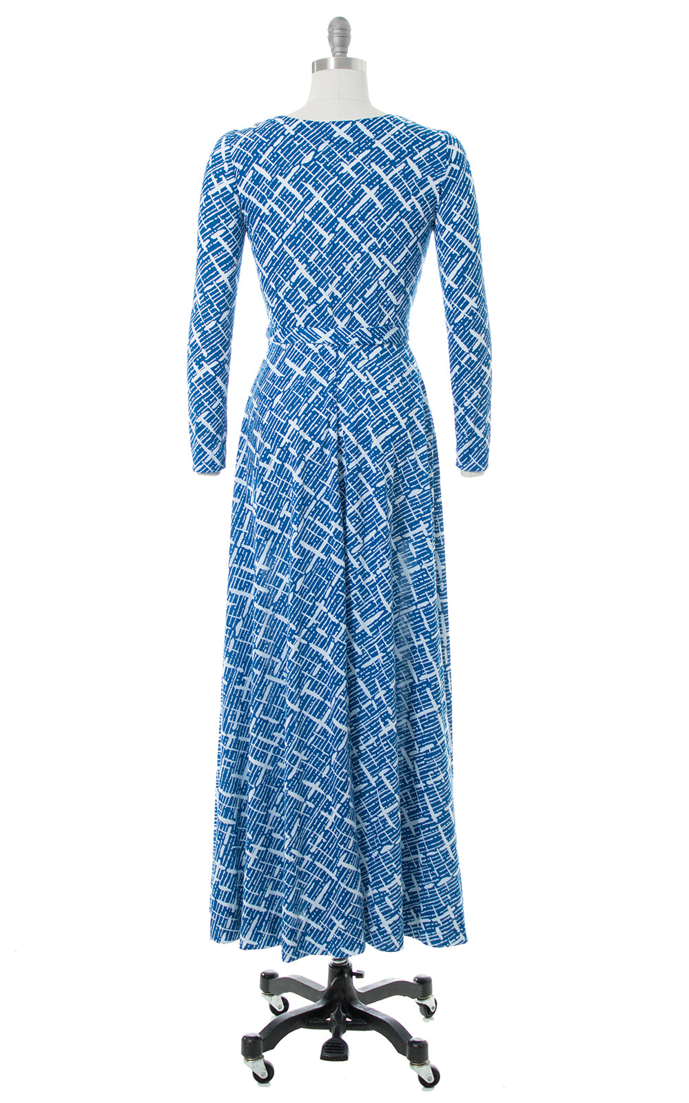 1970s Geometric Jersey Knit Maxi Wrap Dress