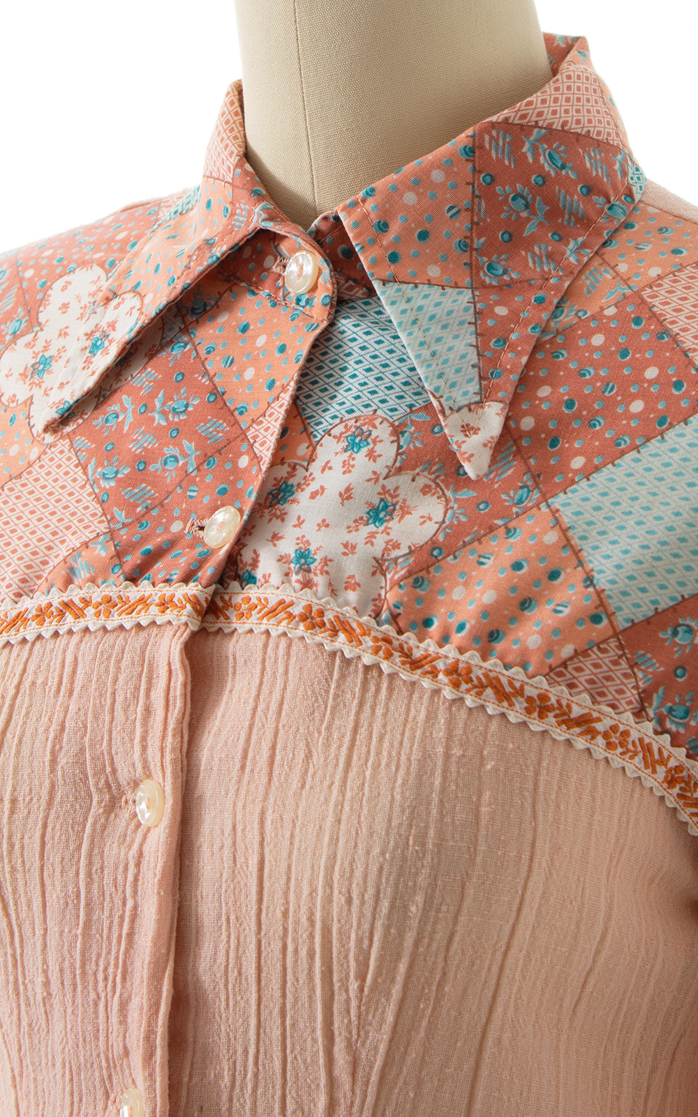 1970s Patchwork Cotton Gauze Blouse | x-small/small
