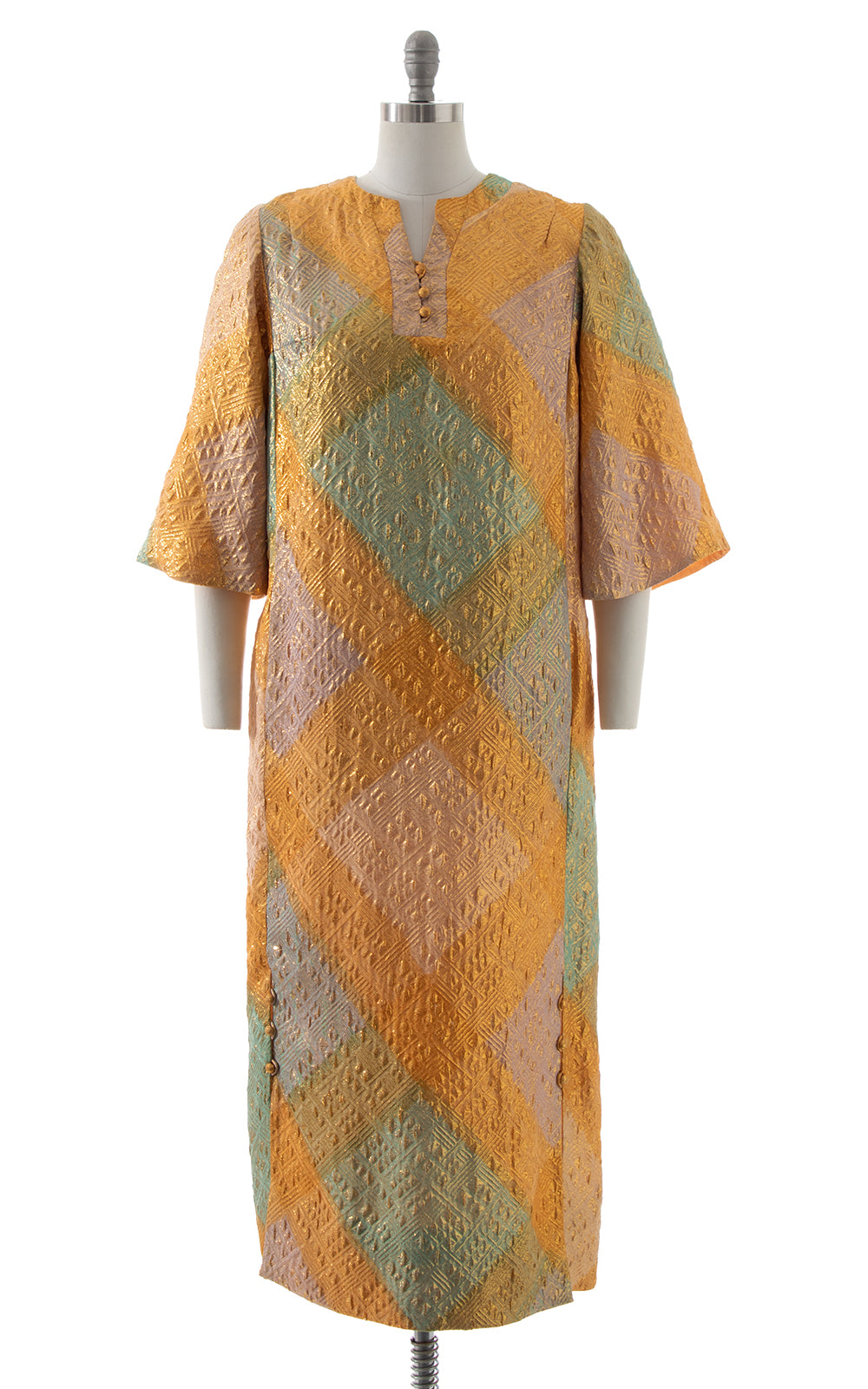 1960s Metallic Squares Maxi Dress with Pockets BirthdayLifeVintage