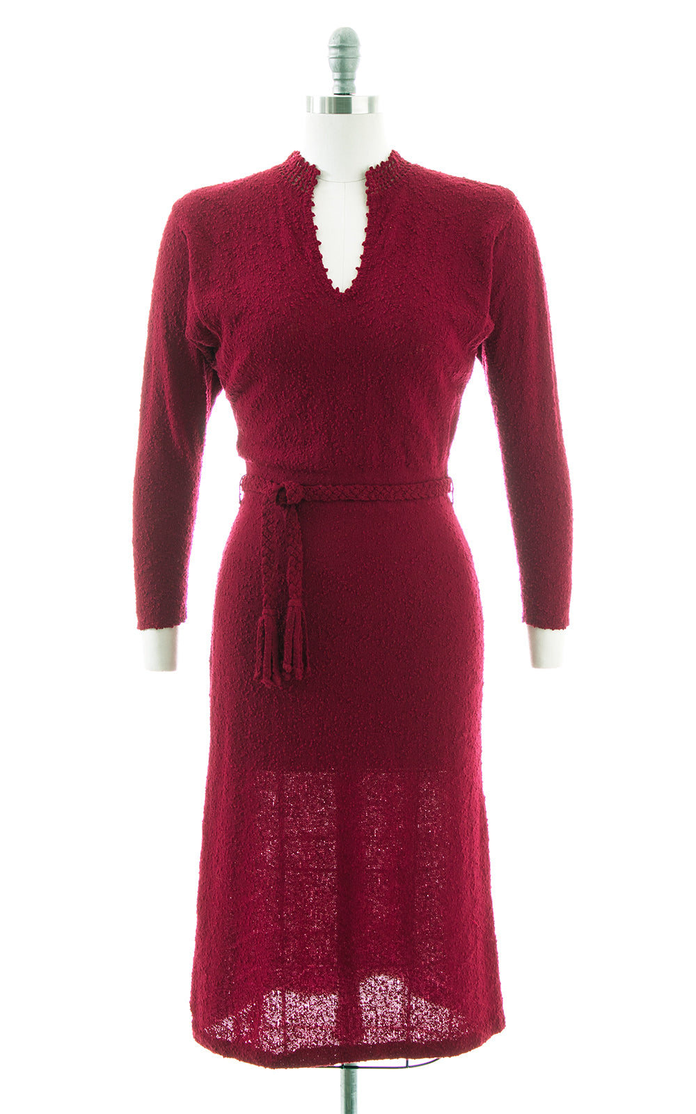 1950s Burgundy Bouclé Knit Wool Sweater Dress