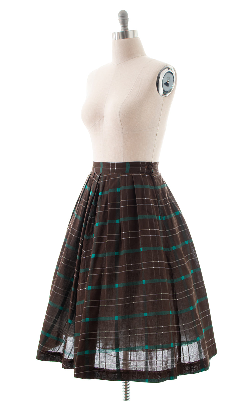 1950s Brown Plaid Pleated Midi Skirt | large | BirthdayLifeVintage