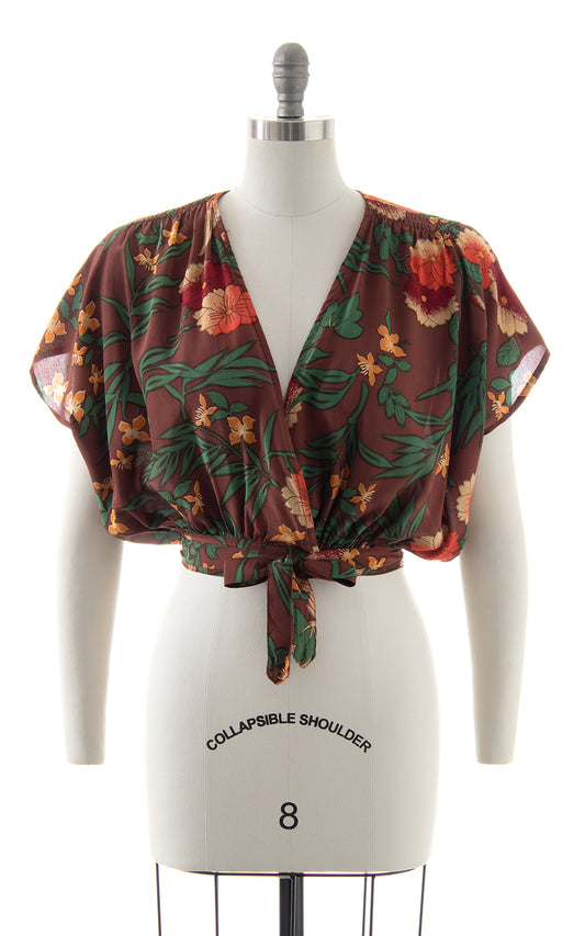 1970s Silk Floral Cropped Wrap Top BirthdayLifeVintage