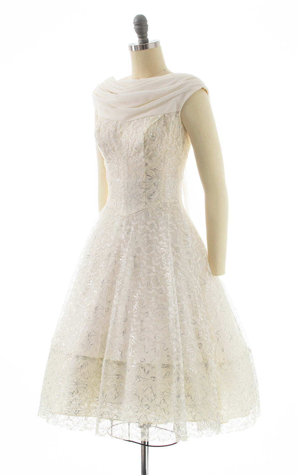 1950s White Silver Lace Chiffon Waterfall Dress 1950s White Silver Lace Chiffon Waterfall Dress
