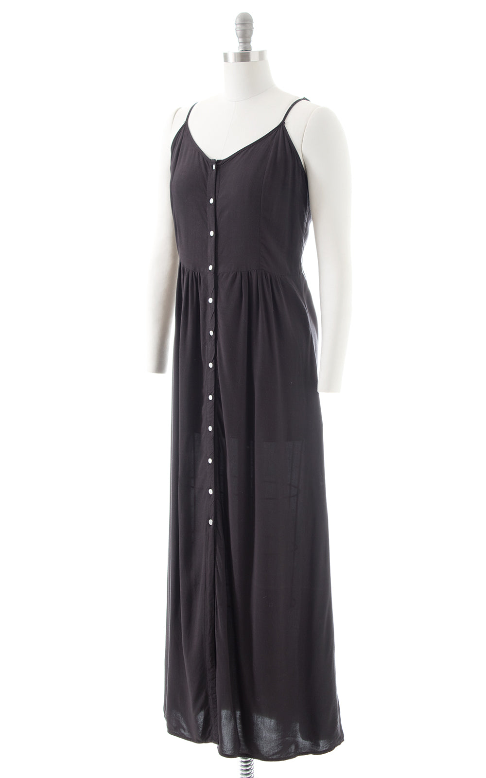 2000s Black Rayon Button Up Midi Dress