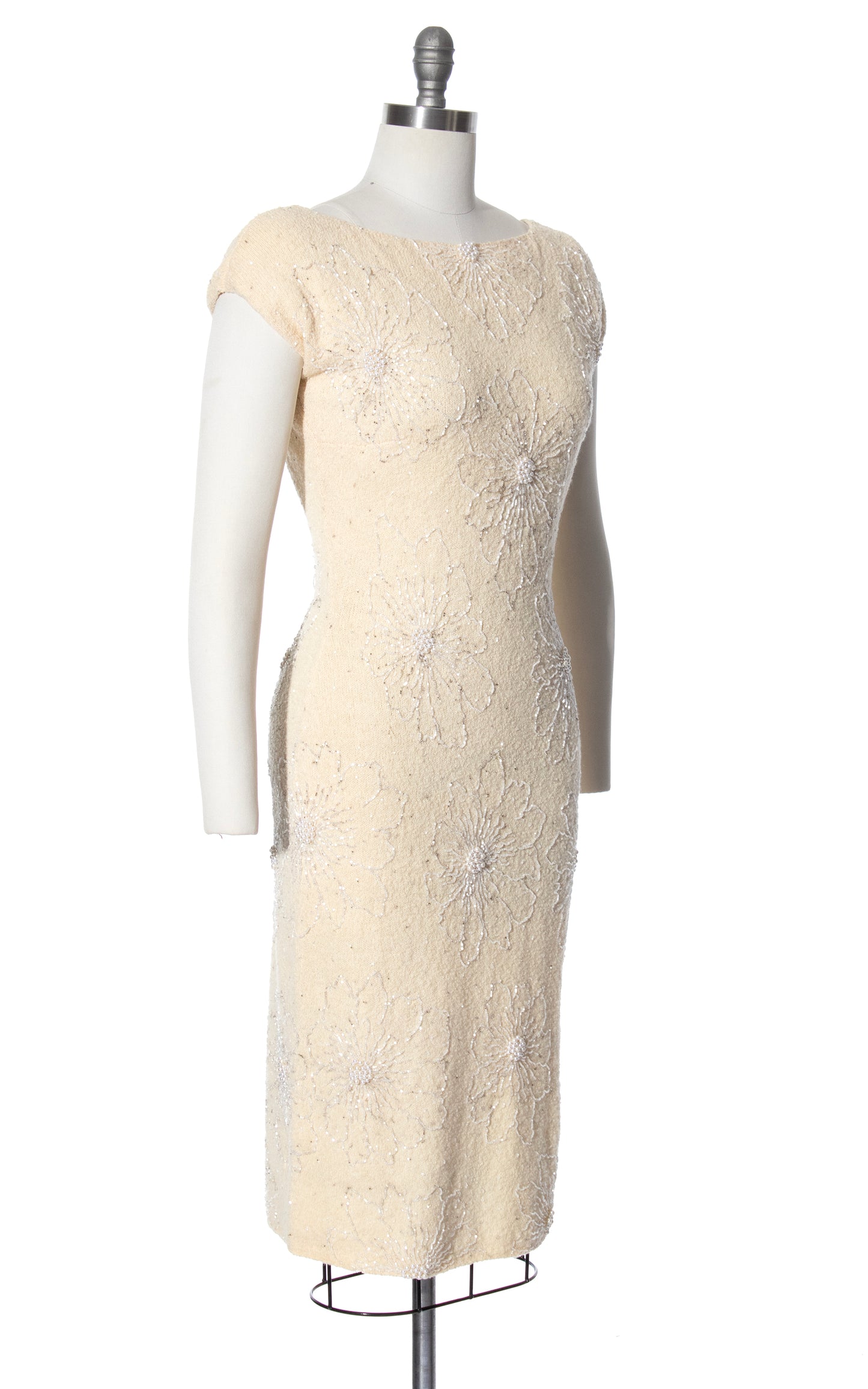 Vintage 60s 1960s GENE SHELLY Cream Floral Beaded Knit Wool Dress Bridal Wedding Gown BirthdayLifeVintage