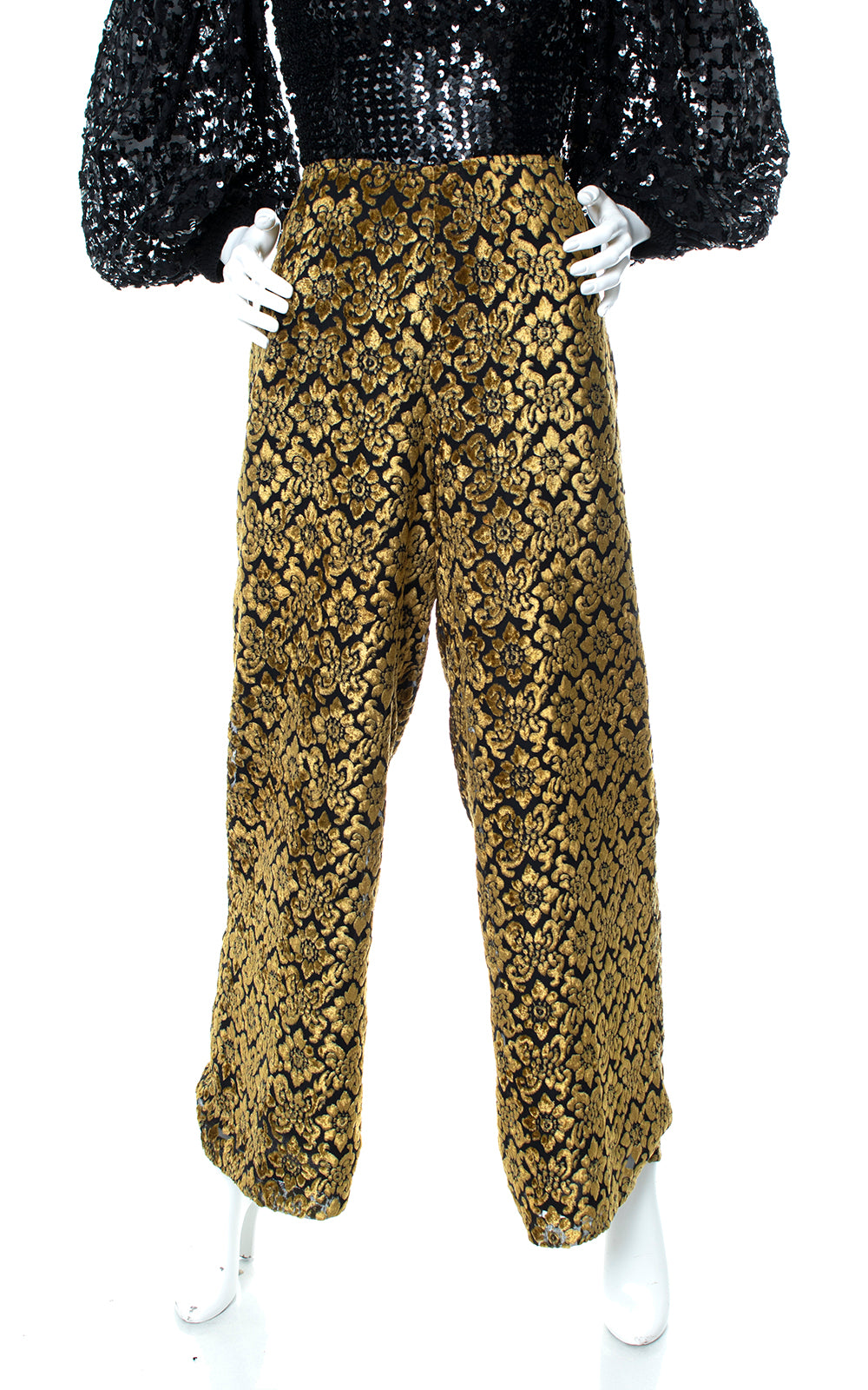 Vintage 2000s Y2K Gold Floral Velvet Burnout Wide Leg Pants Birthday Life Vintage