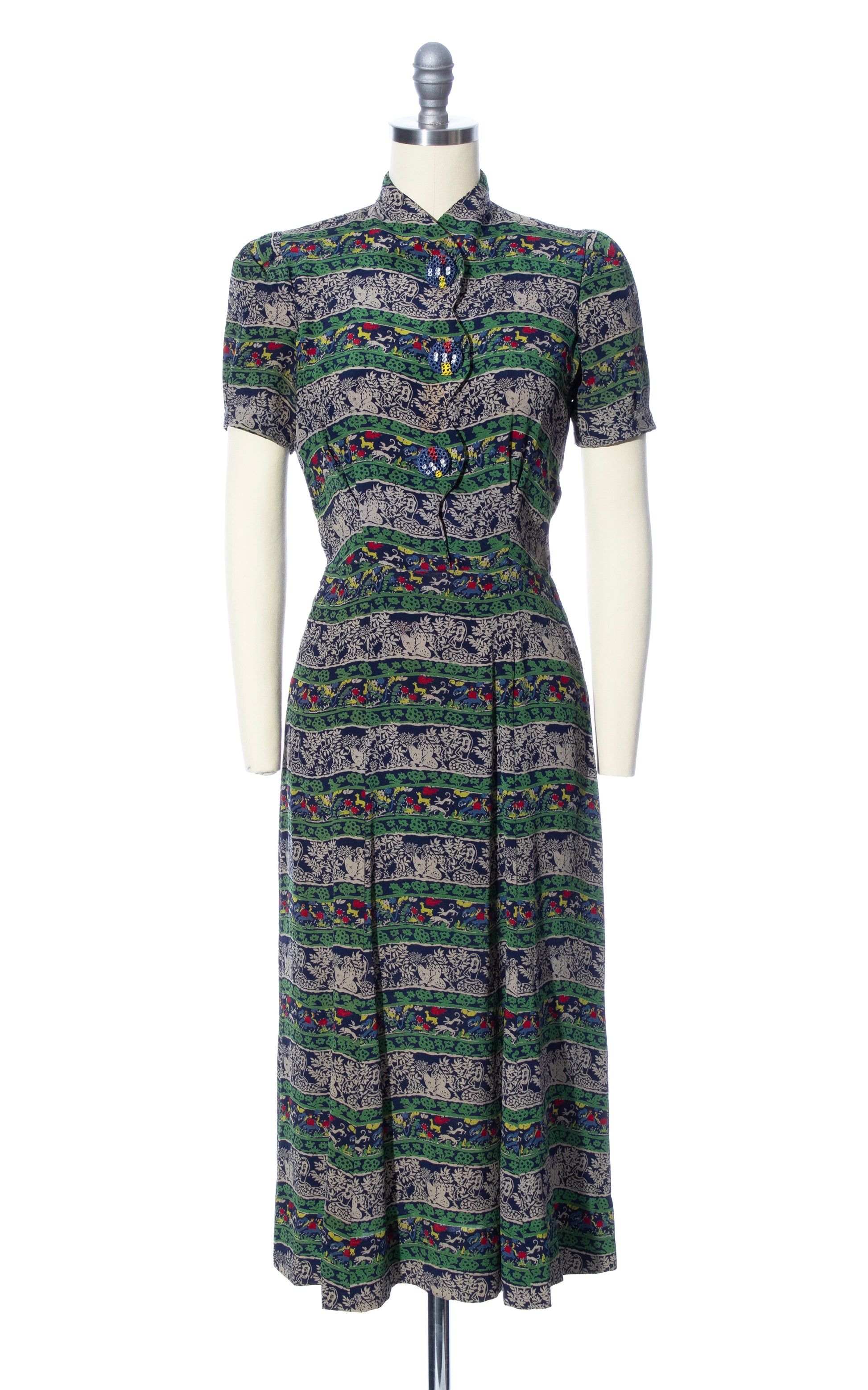 Vintage 40s 1940s Novelty Print Rayon Crepe People Floral Striped Shirtwaist Dress Birthday Life Vintage