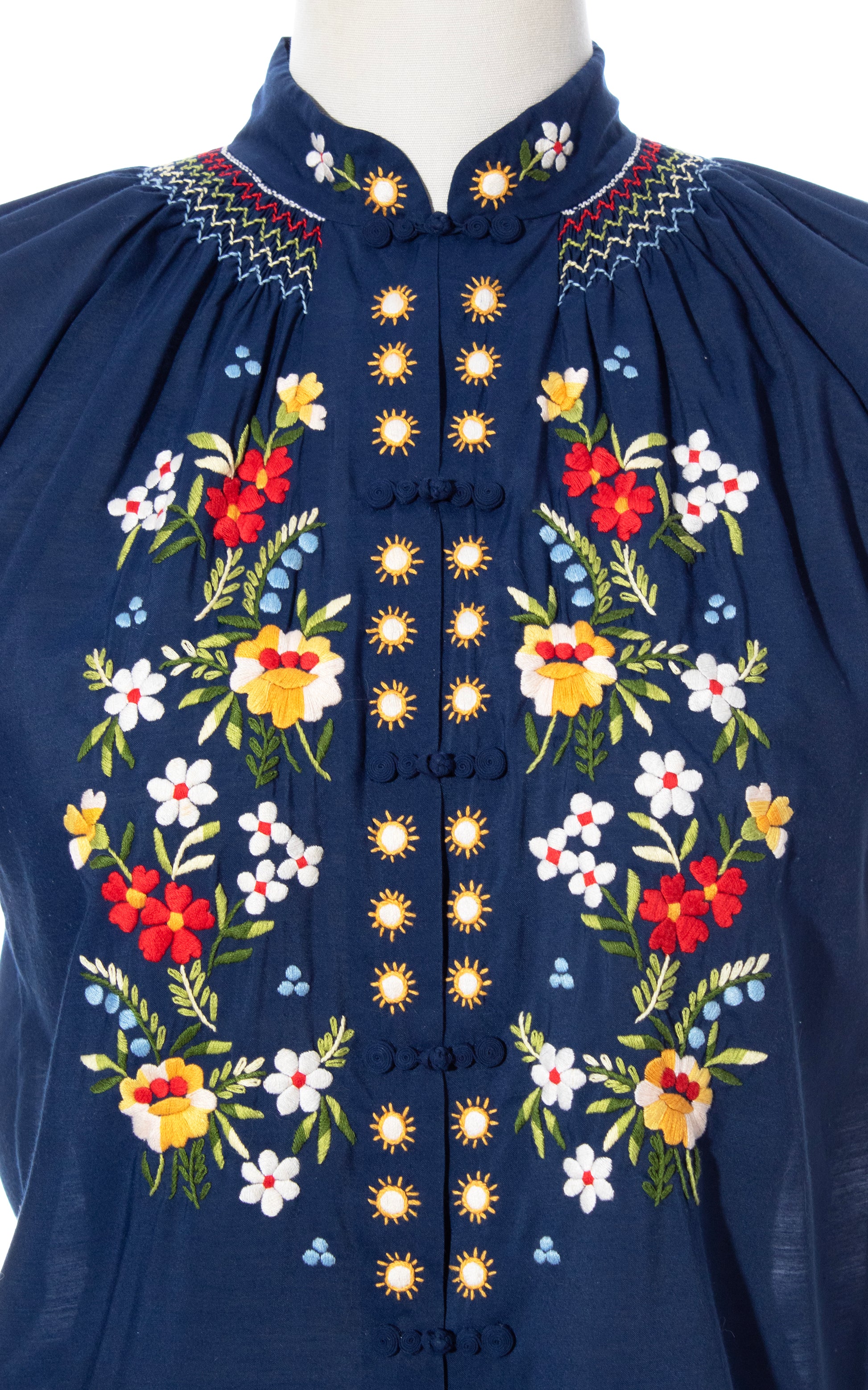 Vintage 70s 1970s Floral Embroidered Navy Blue Peasant Top BirthdayLifeVintage