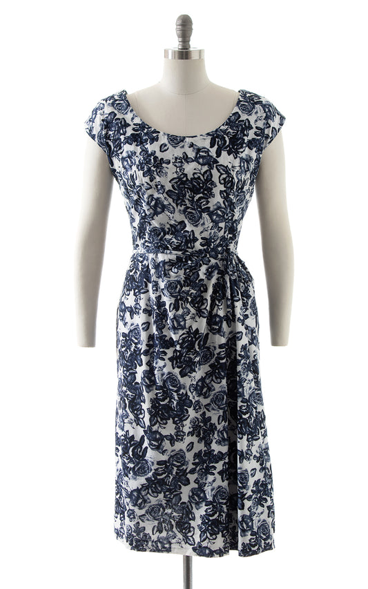 1950s Blue Rose Cotton Wiggle Dress BirthdayLifeVintage