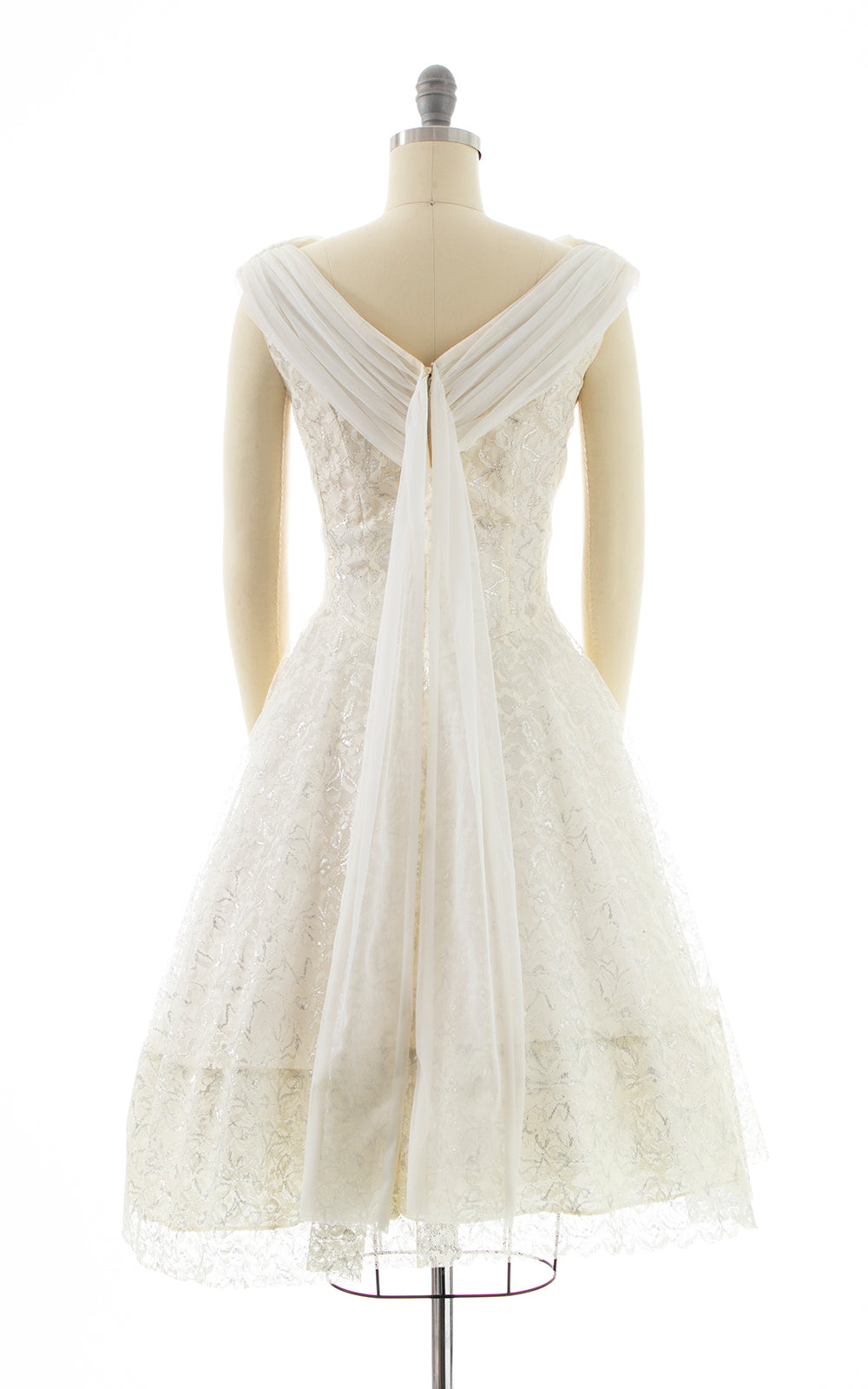 1950s White Silver Lace Chiffon Waterfall Dress | small