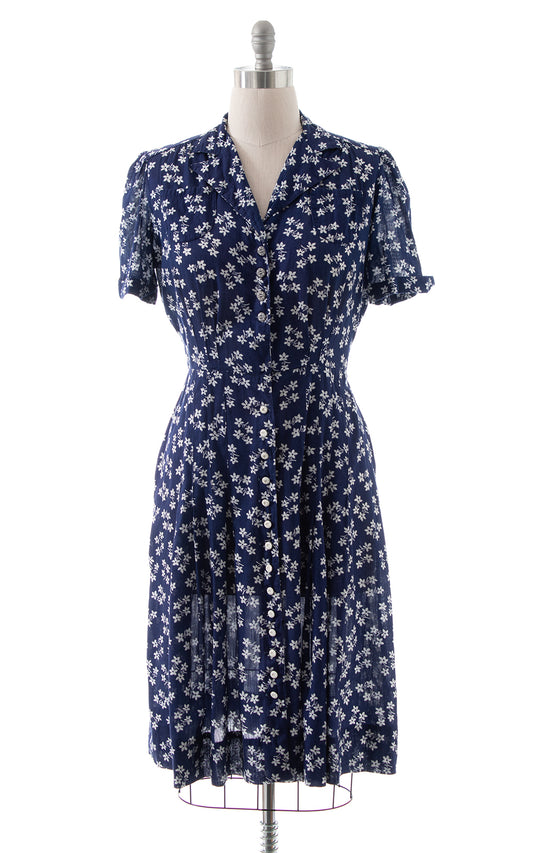 1940s Floral Cotton Voile Shirtwaist Dress BirthdayLifeVintage