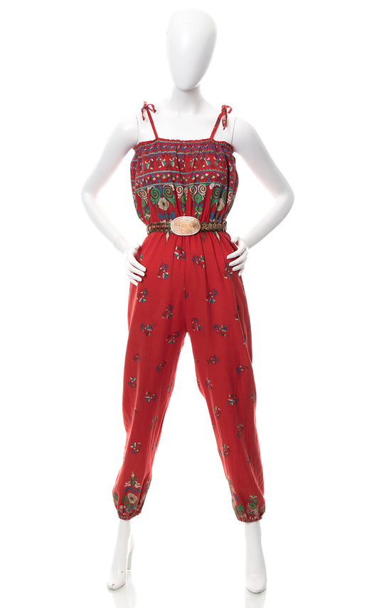 1970s Greek Birds Border Print Cotton Jumpsuit | small