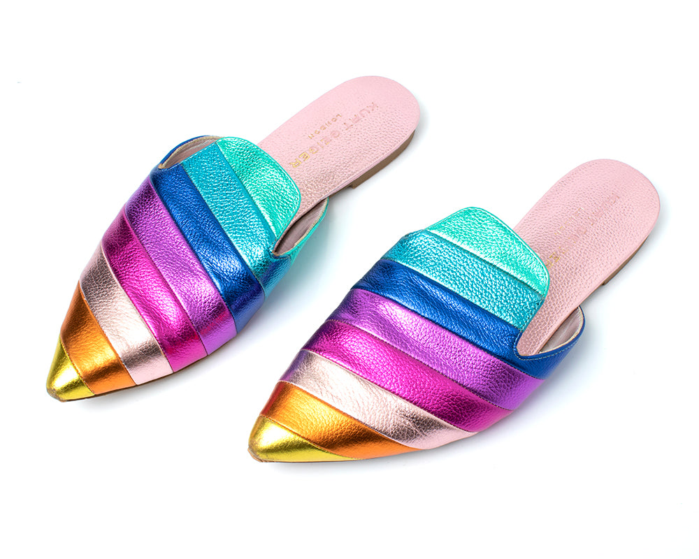 KURT GEIGER Metallic Rainbow Leather Flats Slides Mules | size US 10 | Birthday Life Vintage