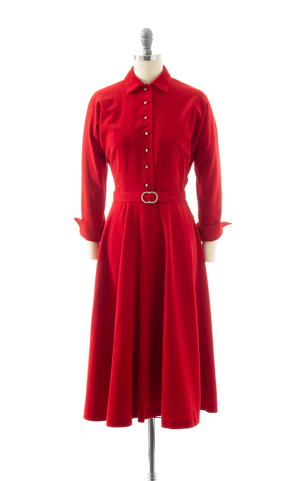 BLV x DEANNA || 1950s Red Velveteen & Rhinestones Shirt Dress | small