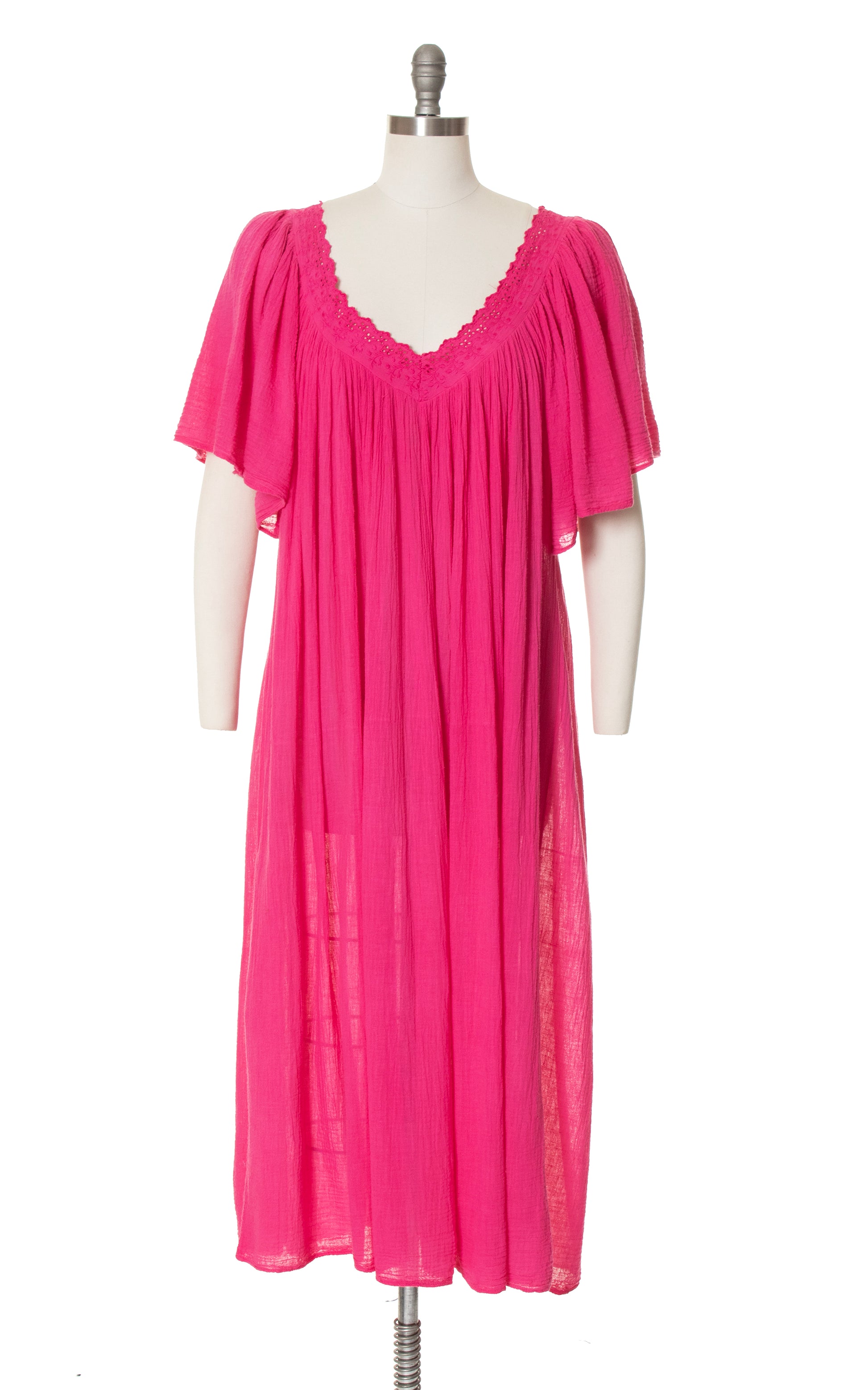 Vintage 70s 1970s Hot Pink Cotton Gauze Trapeze Dress Greek Boho BirthdayLifeVintage