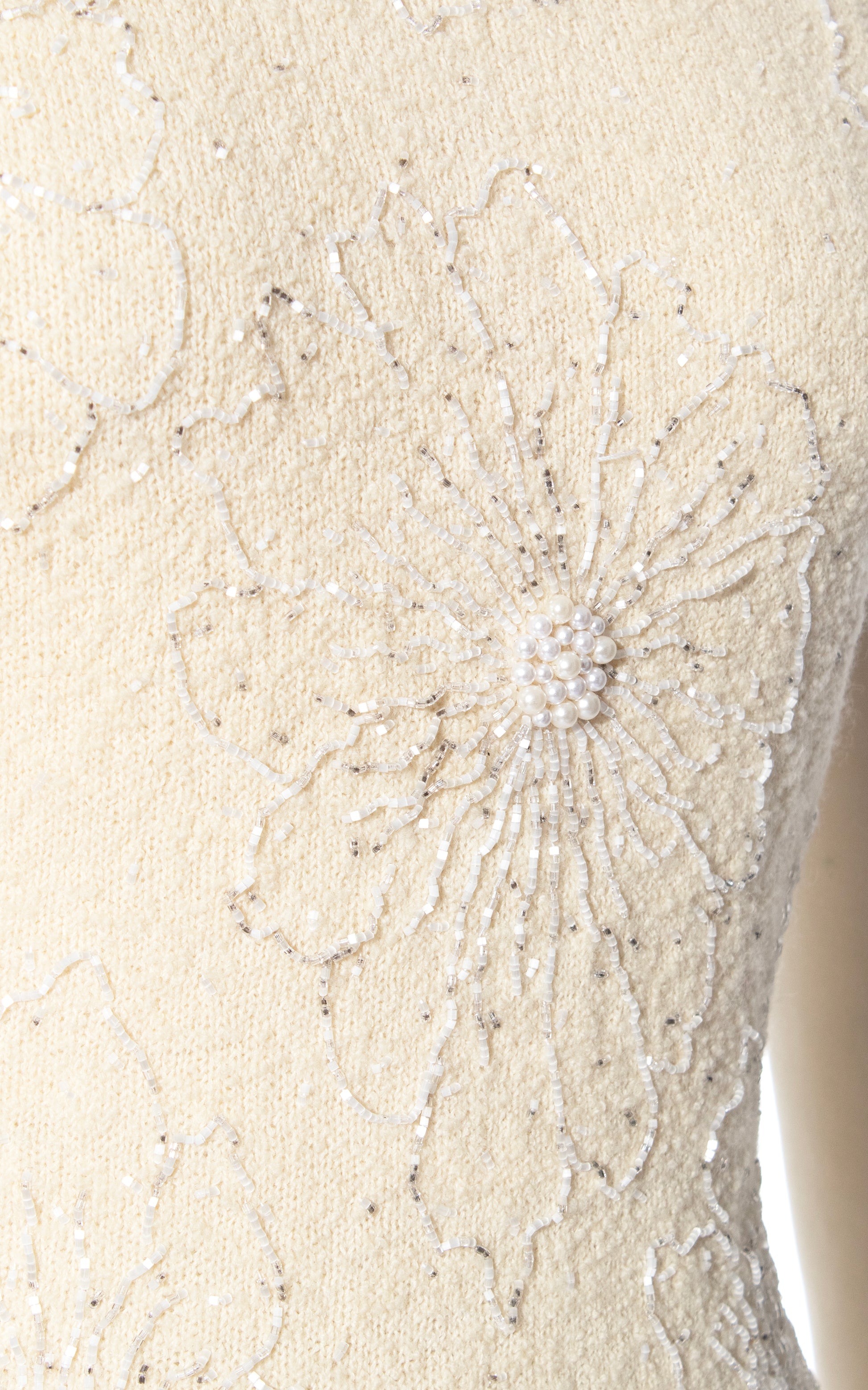 Vintage 60s 1960s GENE SHELLY Cream Floral Beaded Knit Wool Dress Bridal Wedding Gown BirthdayLifeVintage
