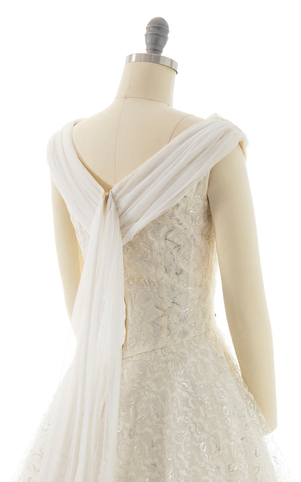 1950s White Silver Lace Chiffon Waterfall Dress | small Birthday Life Vintage 1950s White Silver Lace Chiffon Waterfall Dress | small Birthday Life Vintage
