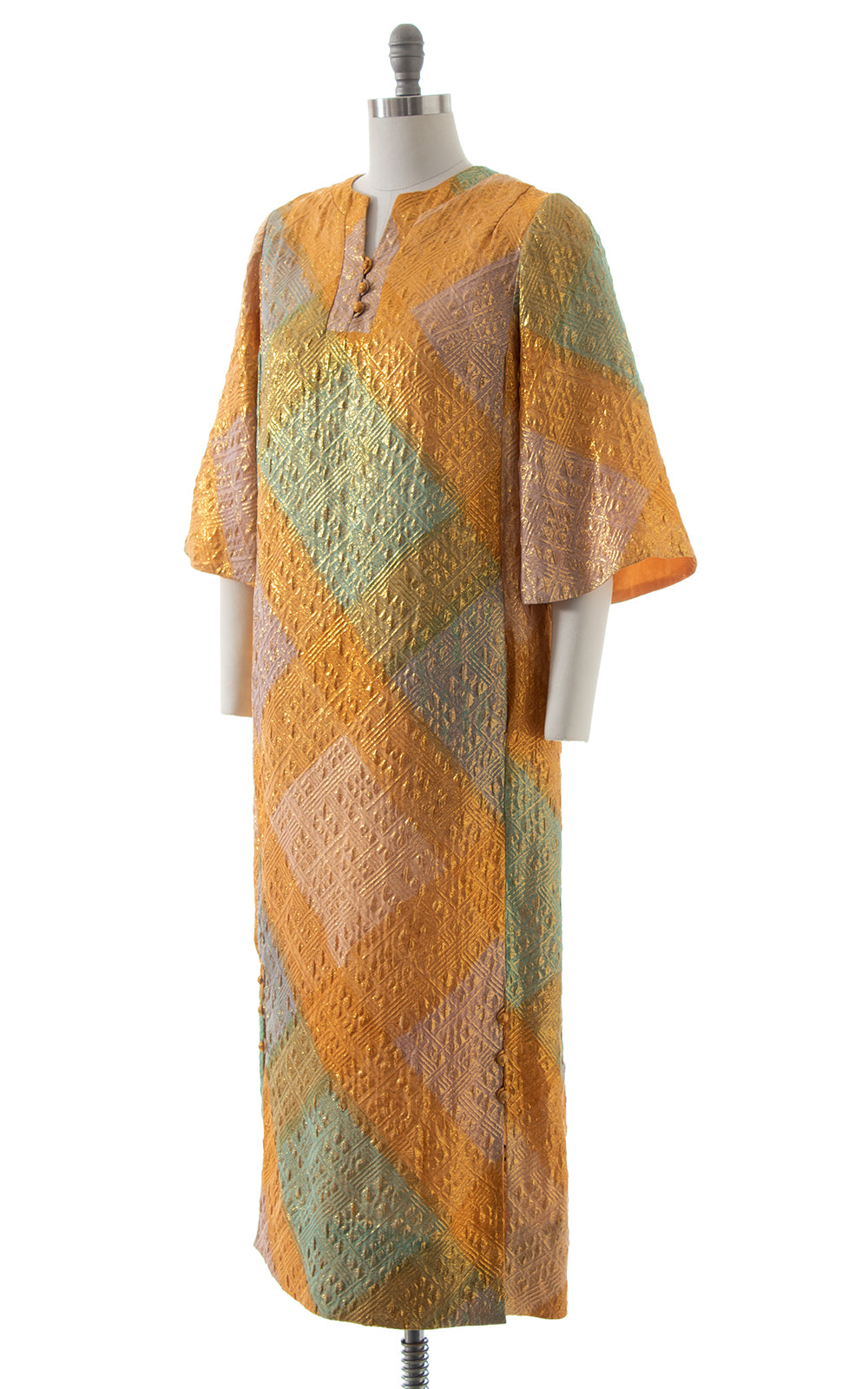 1960s Metallic Squares Maxi Dress with Pockets BirthdayLifeVintage