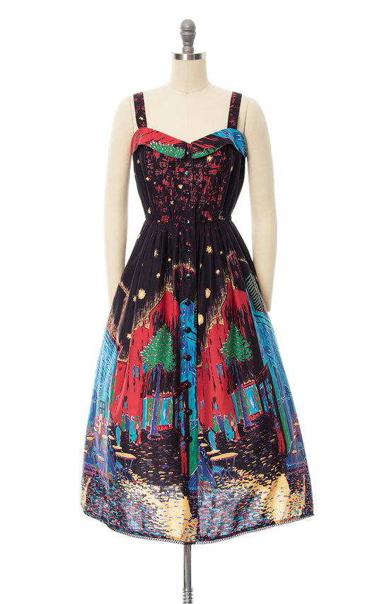 1970s FOXY LADY Van Gogh "Café Terrace at Night" Sundress | x-small/small