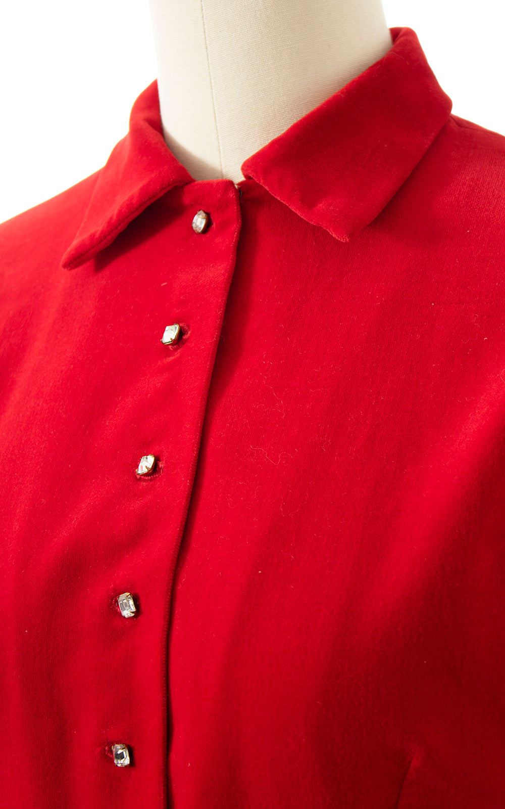 BLV x DEANNA || 1950s Red Velveteen & Rhinestones Shirt Dress | small