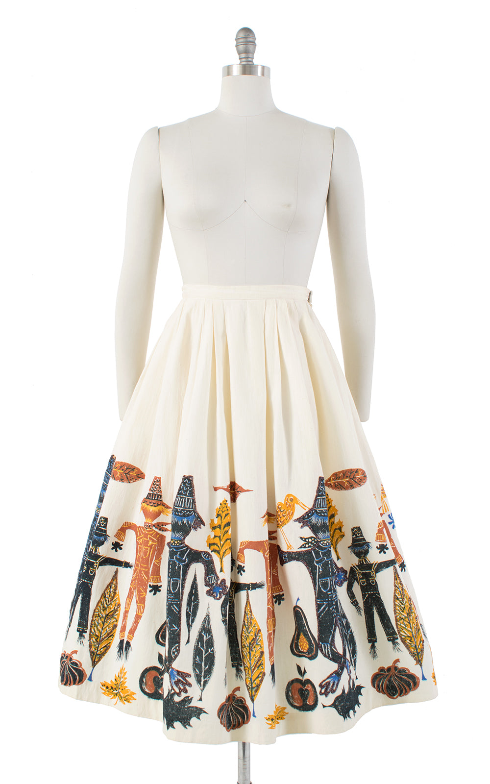 1950s Scarecrow, Pumpkins & Leaves Novelty Border Print Skirt | small