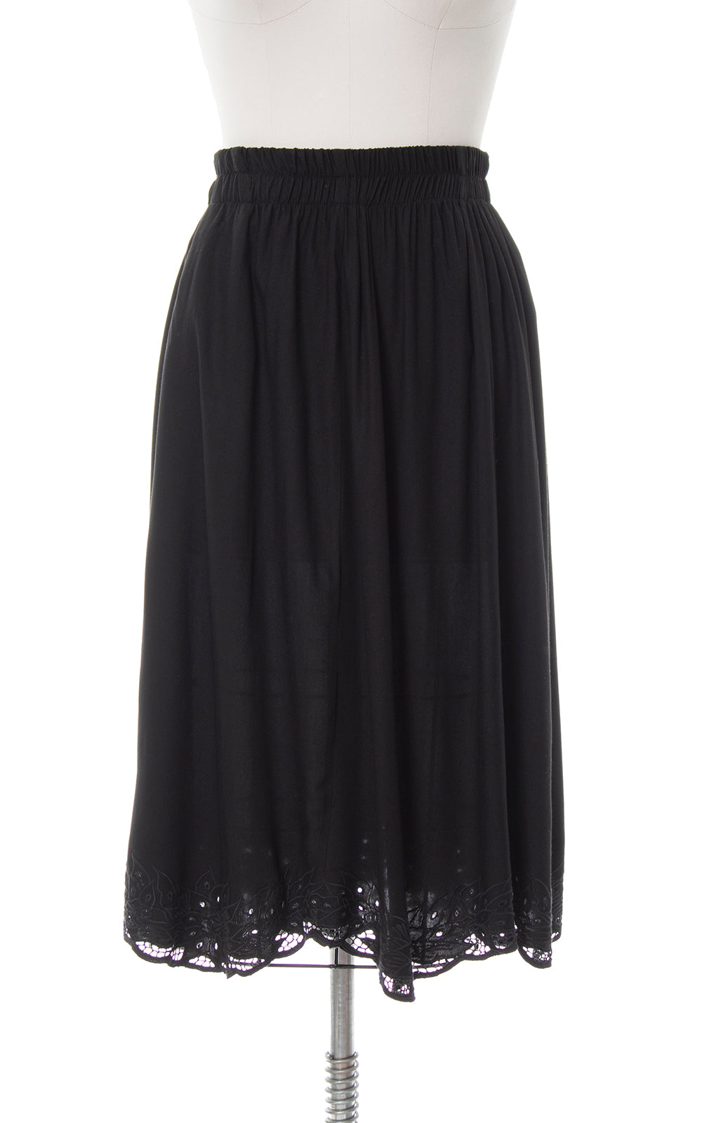 1980s Floral Cutwork Black Rayon Skirt | small/medium/large