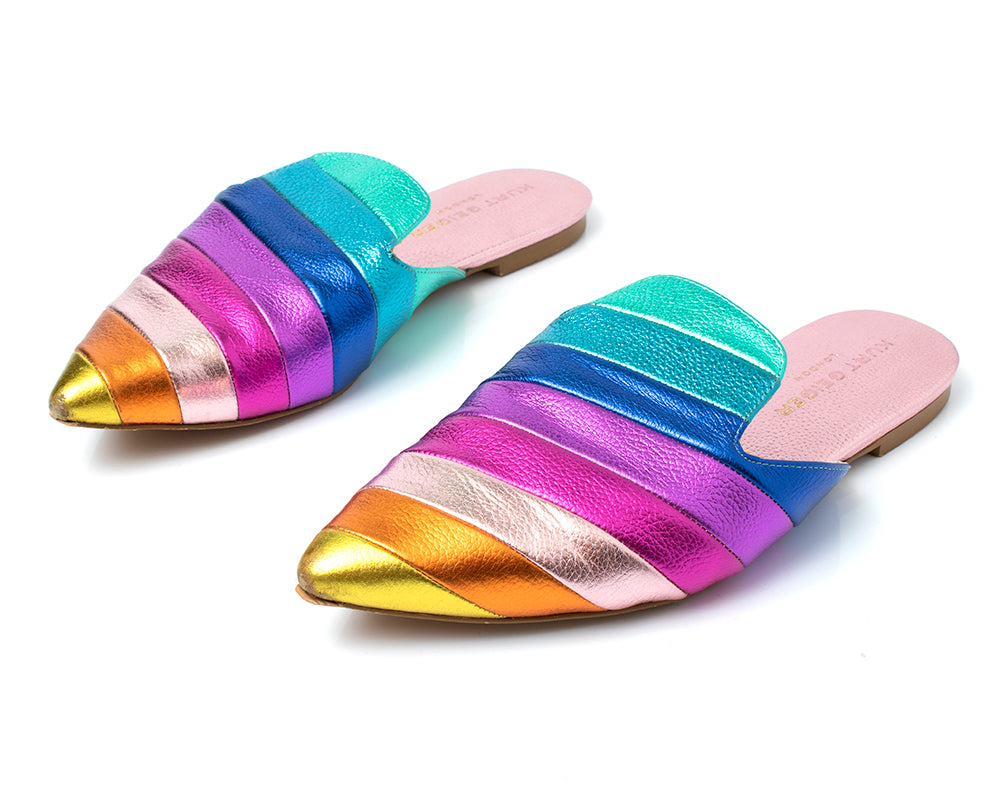 KURT GEIGER Metallic Rainbow Leather Flats Slides Mules | size US 10 | Birthday Life Vintage