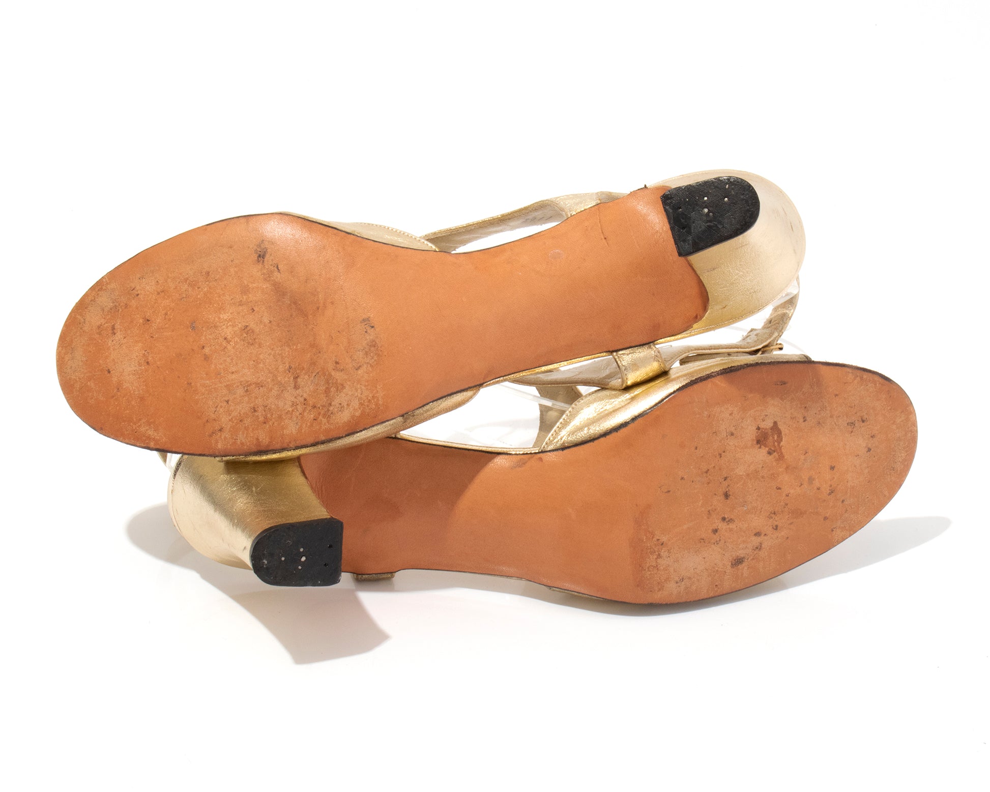 Vintage 60s 70s 1960s 1970s Metallic Gold Open Toe Vegan Sandals Heels size US 8 Birthday Life Vintage