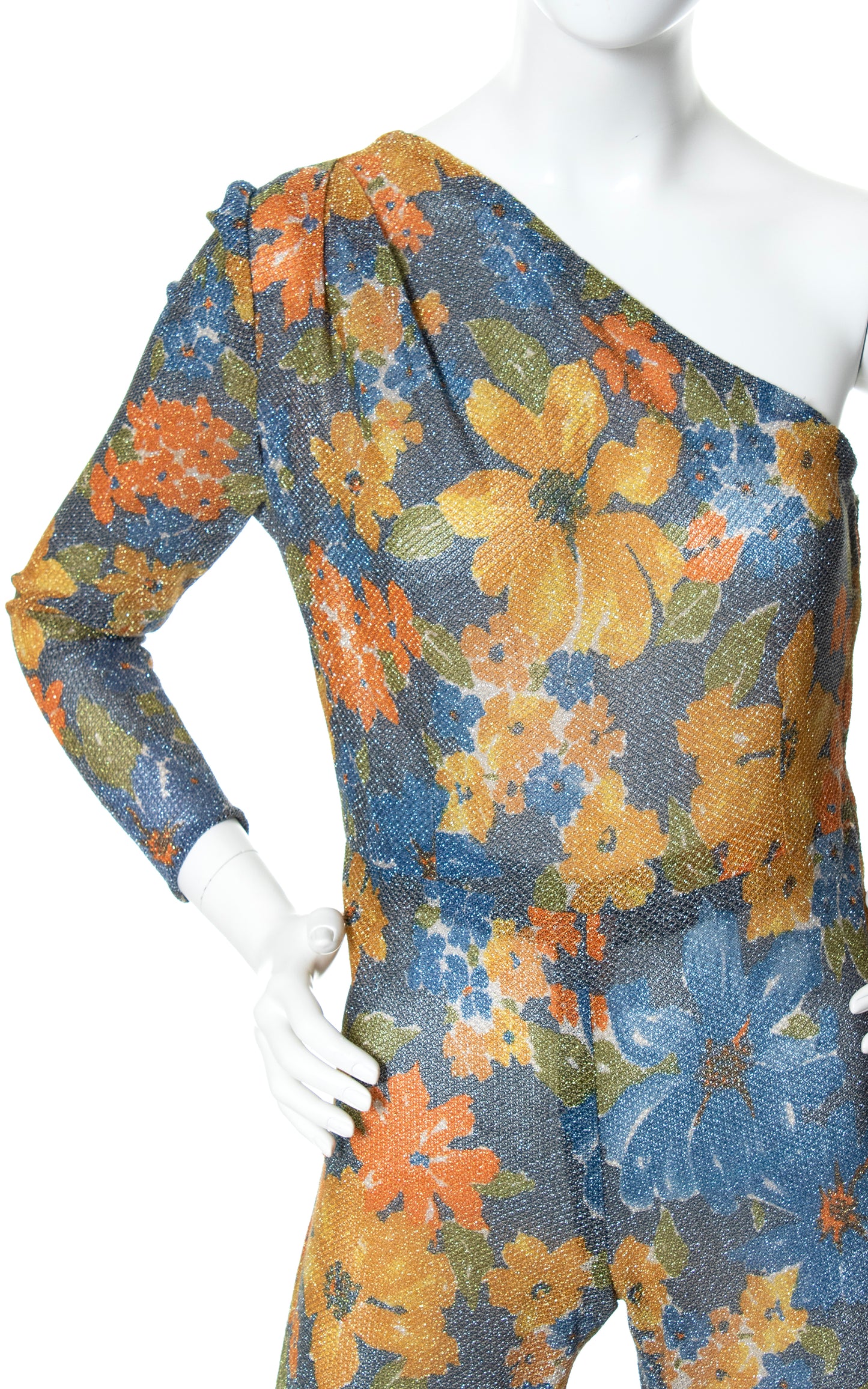 Vintage 70s 1970s Metallic Lurex Floral One Shoulder Sleeve Jumpsuit BirthdayLifeVintage