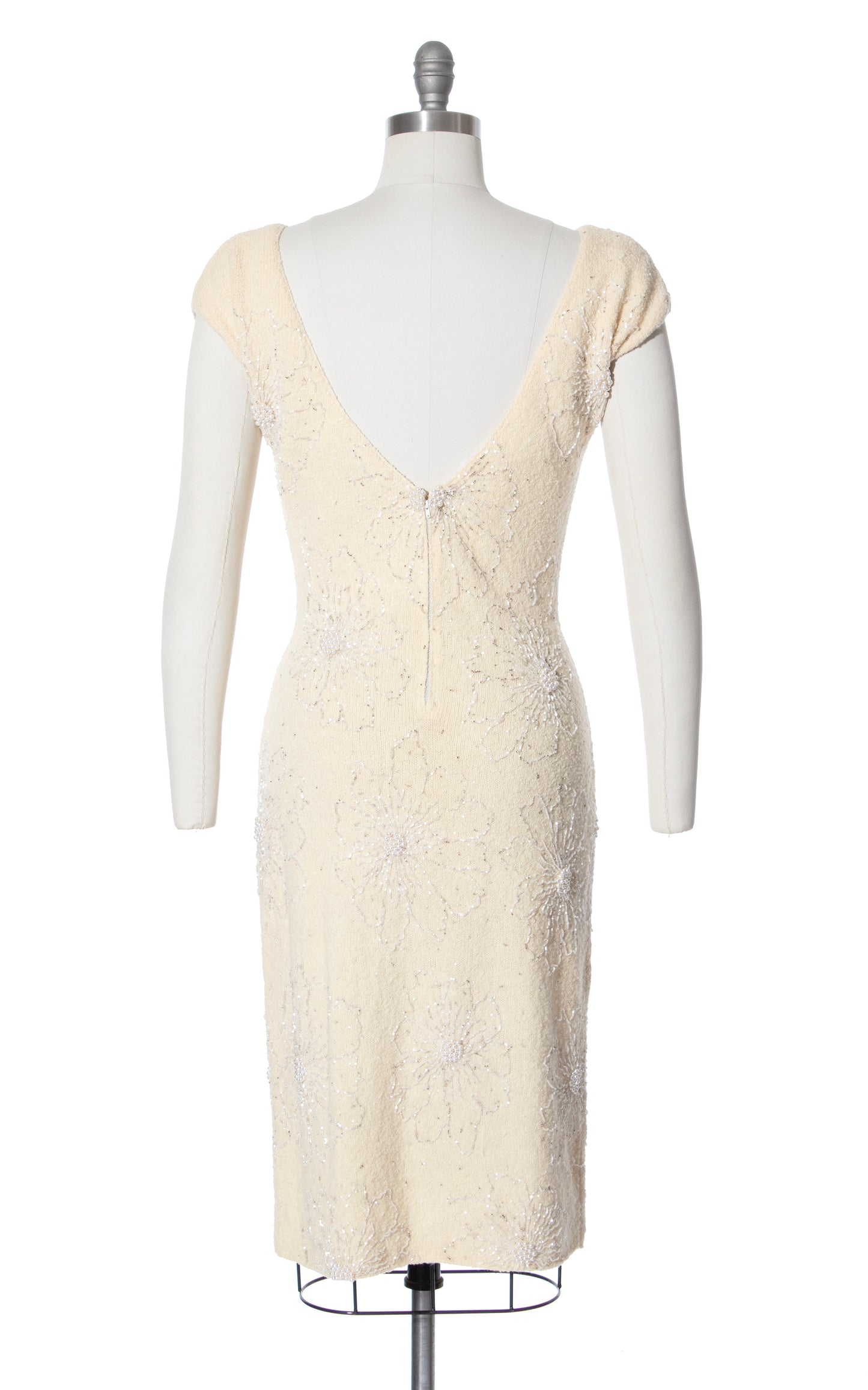 Vintage 60s 1960s GENE SHELLY Cream Floral Beaded Knit Wool Dress Bridal Wedding Gown BirthdayLifeVintage