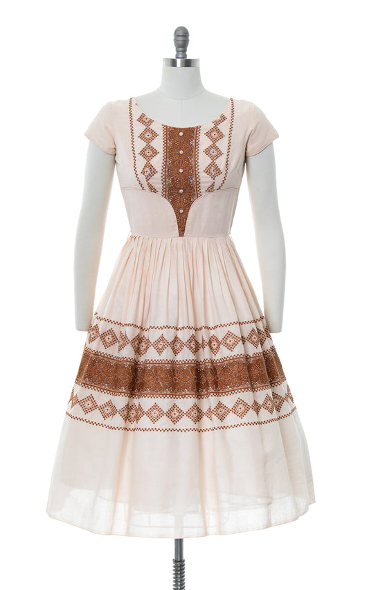 1950s Embroidered Lace Cotton Dress | small