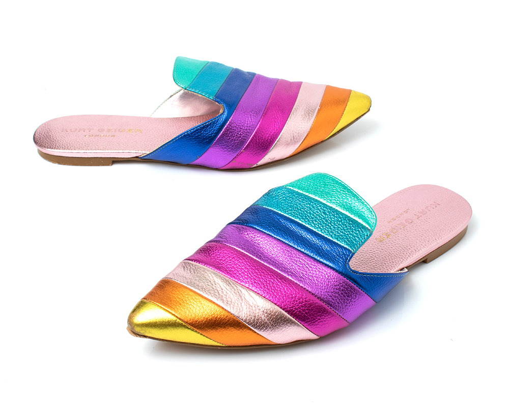 KURT GEIGER Metallic Rainbow Leather Flats Slides Mules | size US 10 | Birthday Life Vintage