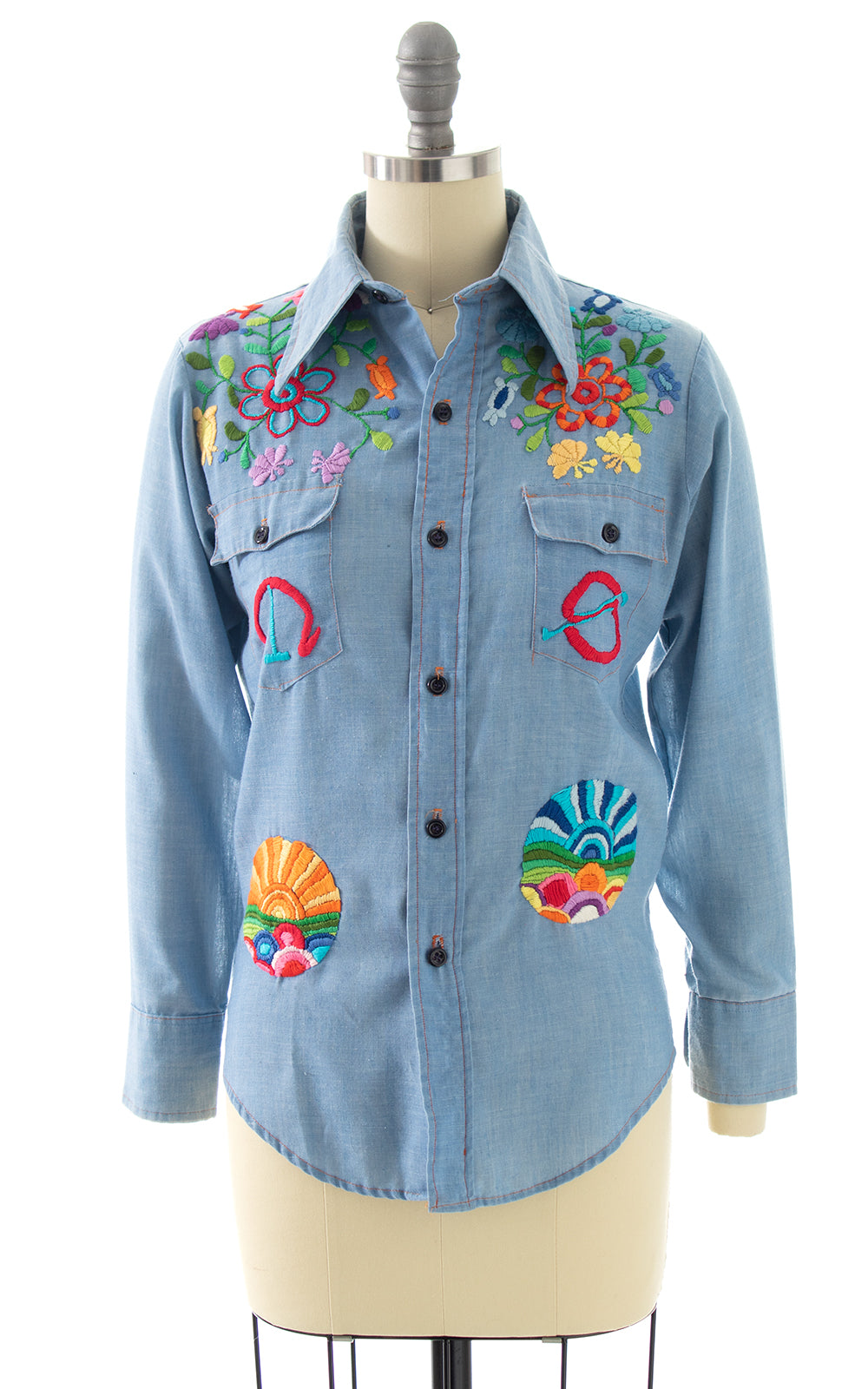 1970s Embroidered Chambray Blouse | x-small/small