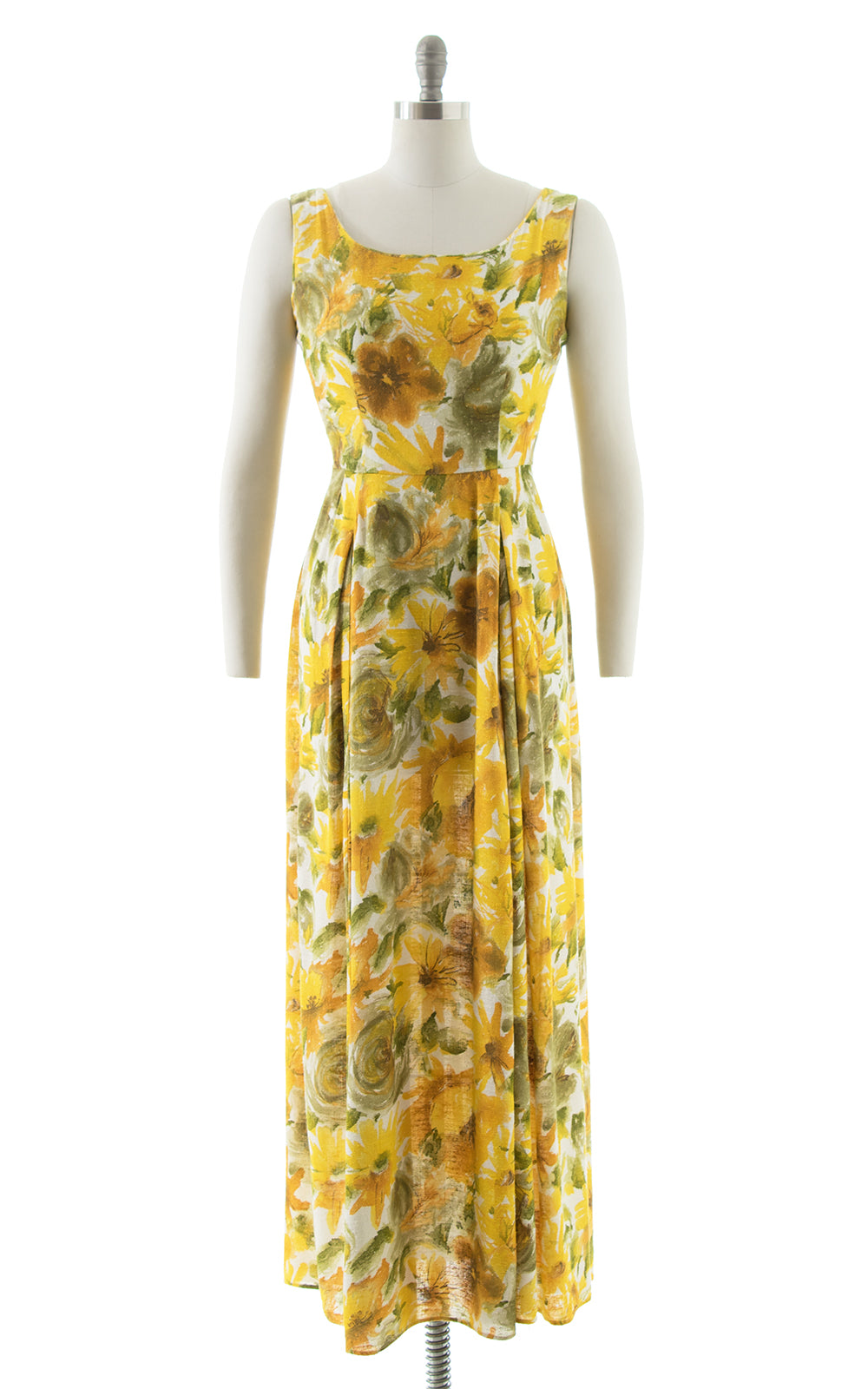 1960s 1970s Yellow Floral Cotton Maxi Sundress BirthdayLifeVintage